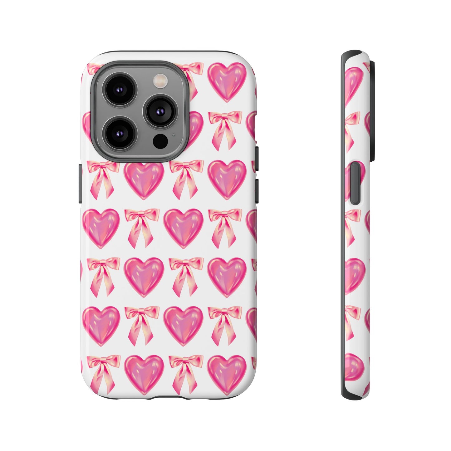 Cute Heart Phone Case, Tough Phone Cover, Gift for Her, Pink Bow Design, Stylish Phone Accessory