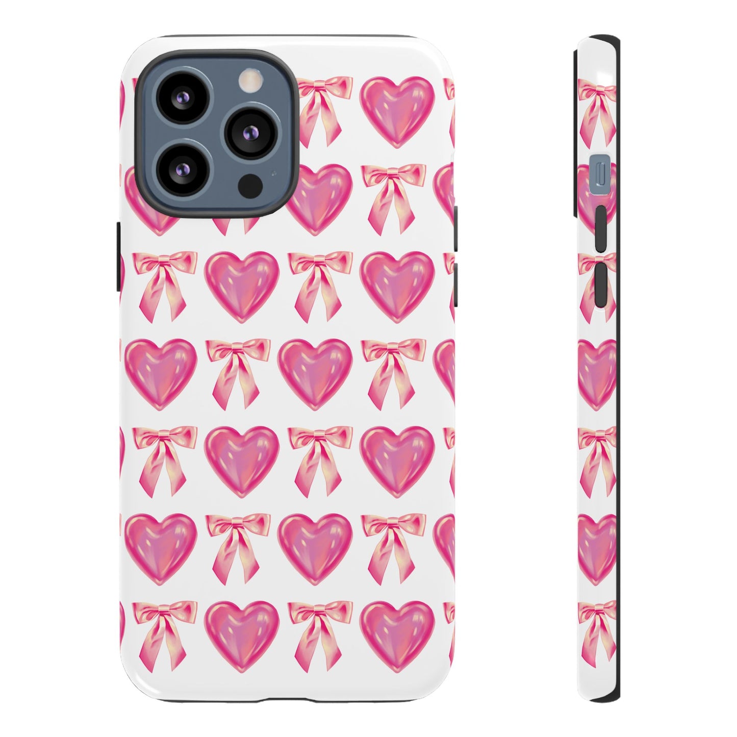 Cute Heart Phone Case, Tough Phone Cover, Gift for Her, Pink Bow Design, Stylish Phone Accessory