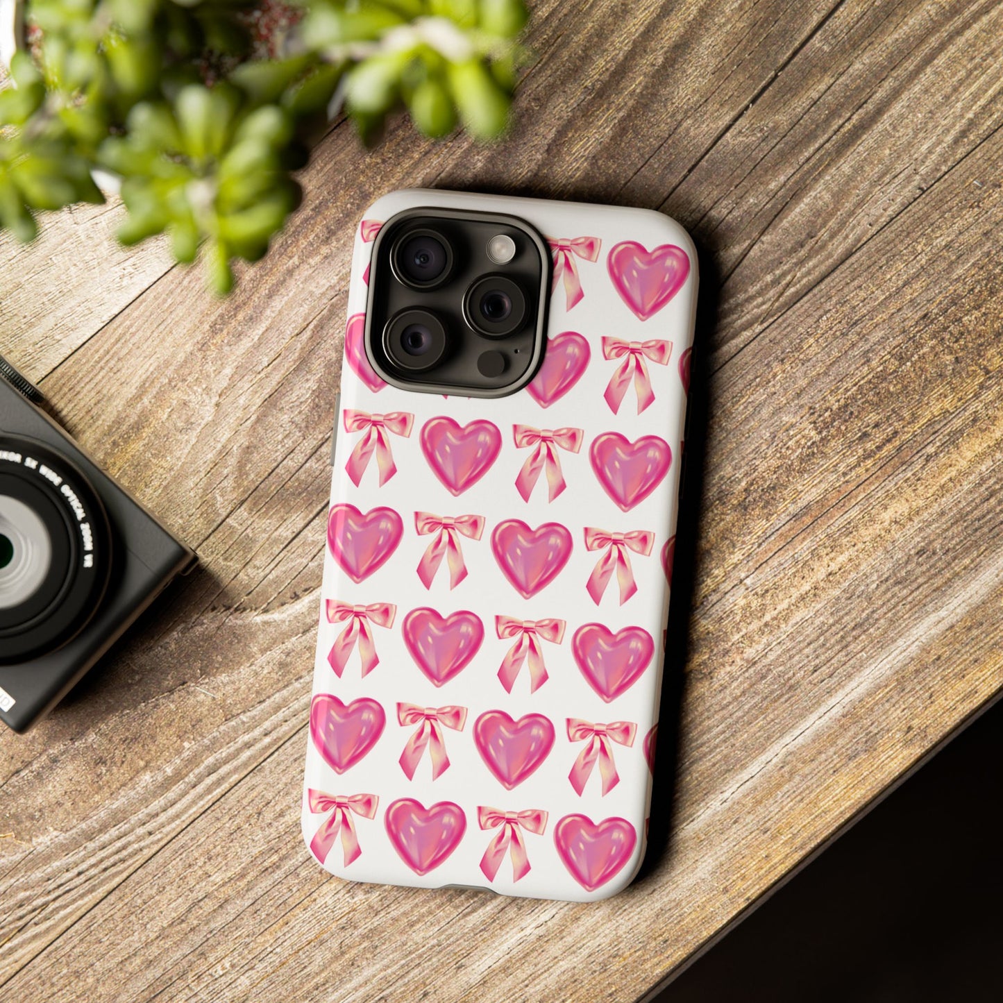 Cute Heart Phone Case, Tough Phone Cover, Gift for Her, Pink Bow Design, Stylish Phone Accessory