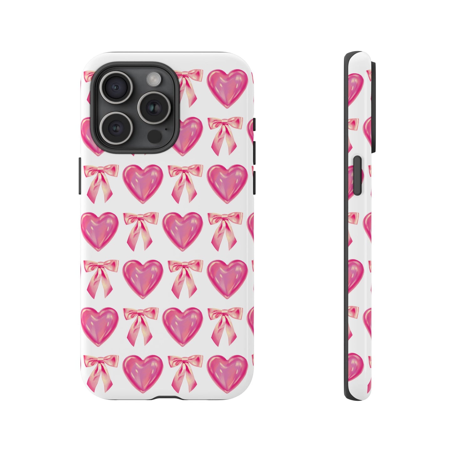 Cute Heart Phone Case, Tough Phone Cover, Gift for Her, Pink Bow Design, Stylish Phone Accessory