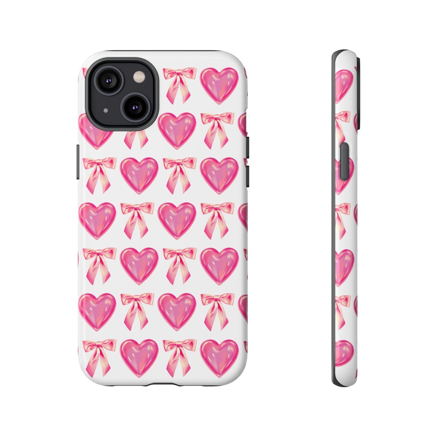 Cute Heart Phone Case, Tough Phone Cover, Gift for Her, Pink Bow Design, Stylish Phone Accessory
